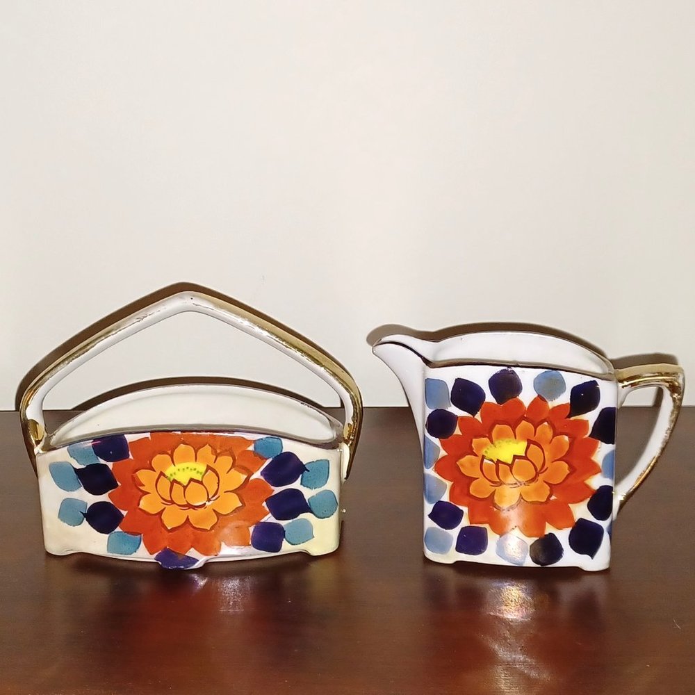 Vintage Hand Painted Creamer and Sugar Bowl From Japan circa 1940s TT Takito